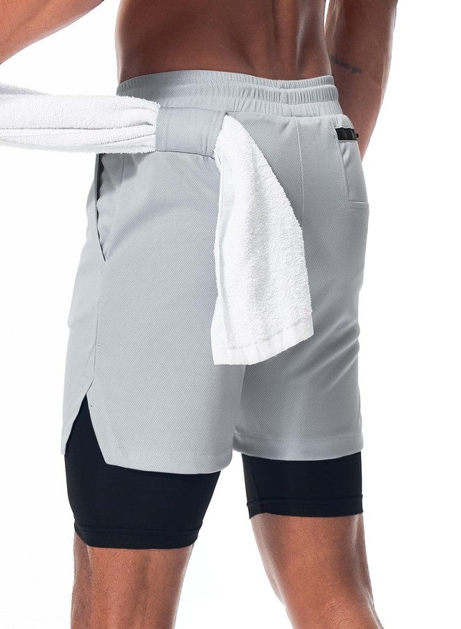 Surenow شورت رياضي رجالي من Surenow، سريع الجفاف، مناسب للتمارين الرياضية، تصميم 2 في 1، طول 5 بوصات، مناسب للجري والتمارين الرياضية، مزود بجيب للهاتف، لون رمادي فاتح - Image 2